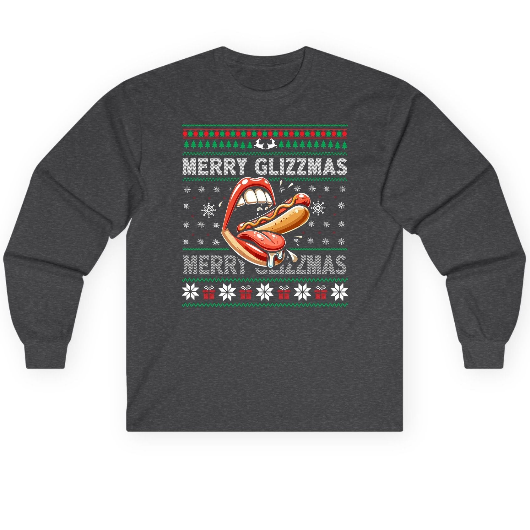 Merry Glizzzmas hot dog Long Sleeve Tee Dark Heather product mockup