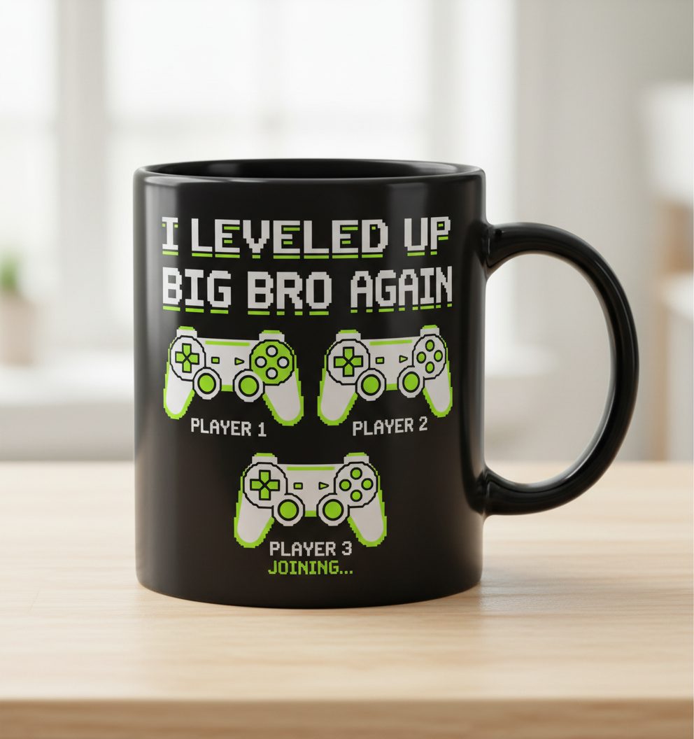 I Leveled UP BIG BRO AGAIN Retro Brother Announcement Black Mug - product mockup - Black