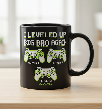 I Leveled UP BIG BRO AGAIN Retro Brother Announcement Black Mug - product mockup - Black