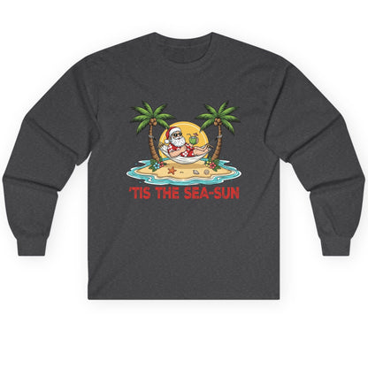 'Tis the Sea-Sun santa claus on a tropical vacation Long Sleeve Tee Dark Heather product mockup