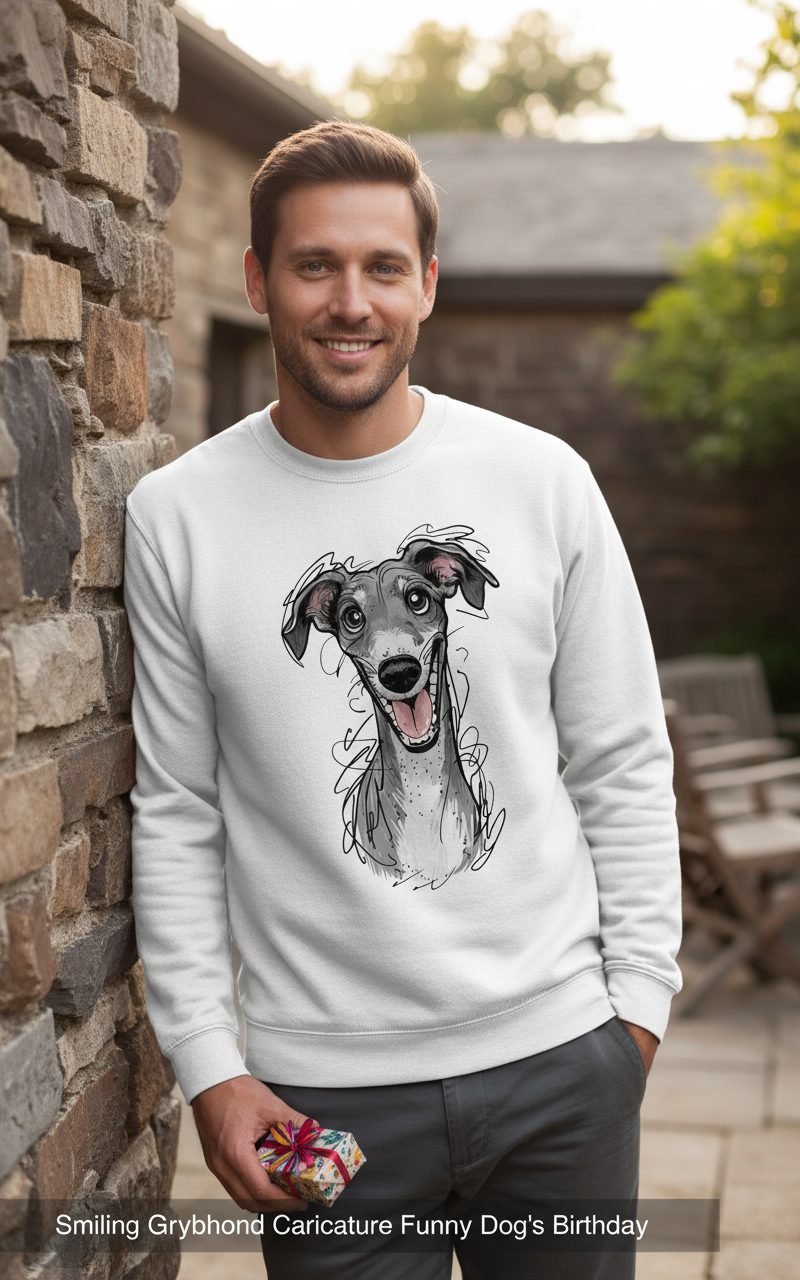 Smiling Greyhound Caricature greyhound Sweatshirt White lifestyle mockup