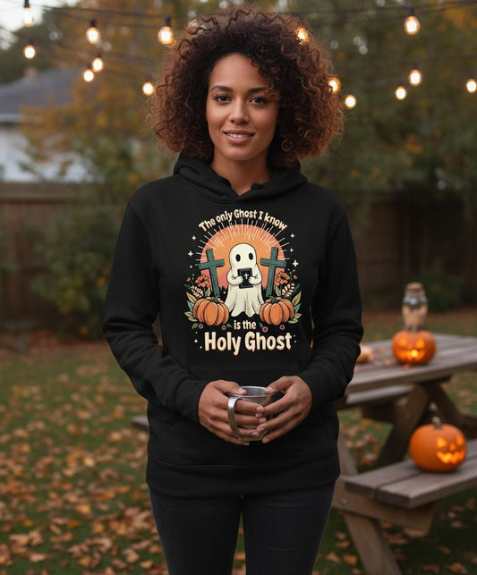 The Only Ghost I Know Is the Holy Ghost christian Halloween Hoodie Black lifestyle mockup