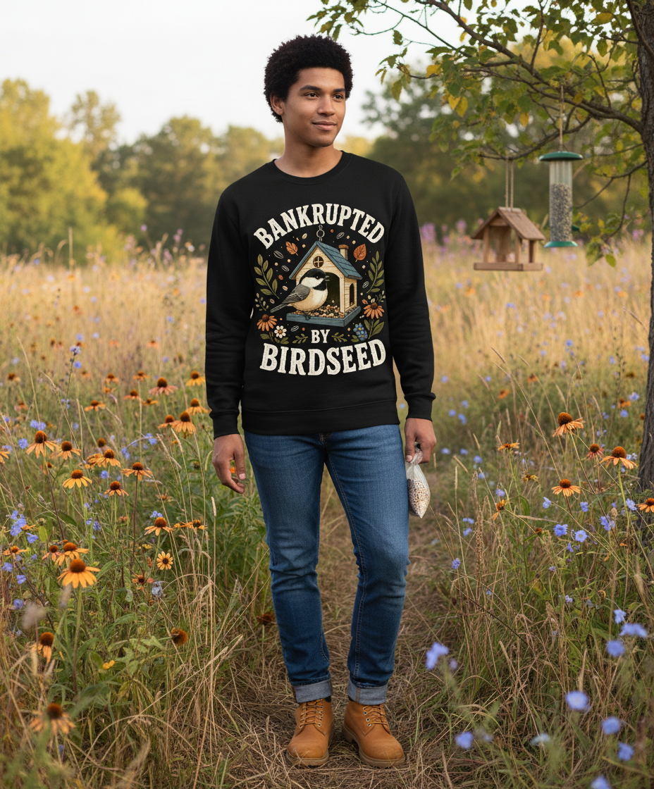 Bankrupted By Birdseed Funny Sweatshirt - lifestyle model mockup - Black