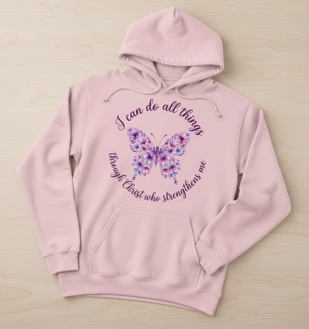 Floral Butterfly 'I can do all things through Christ' Bible Verse Hoodie - Light Pink