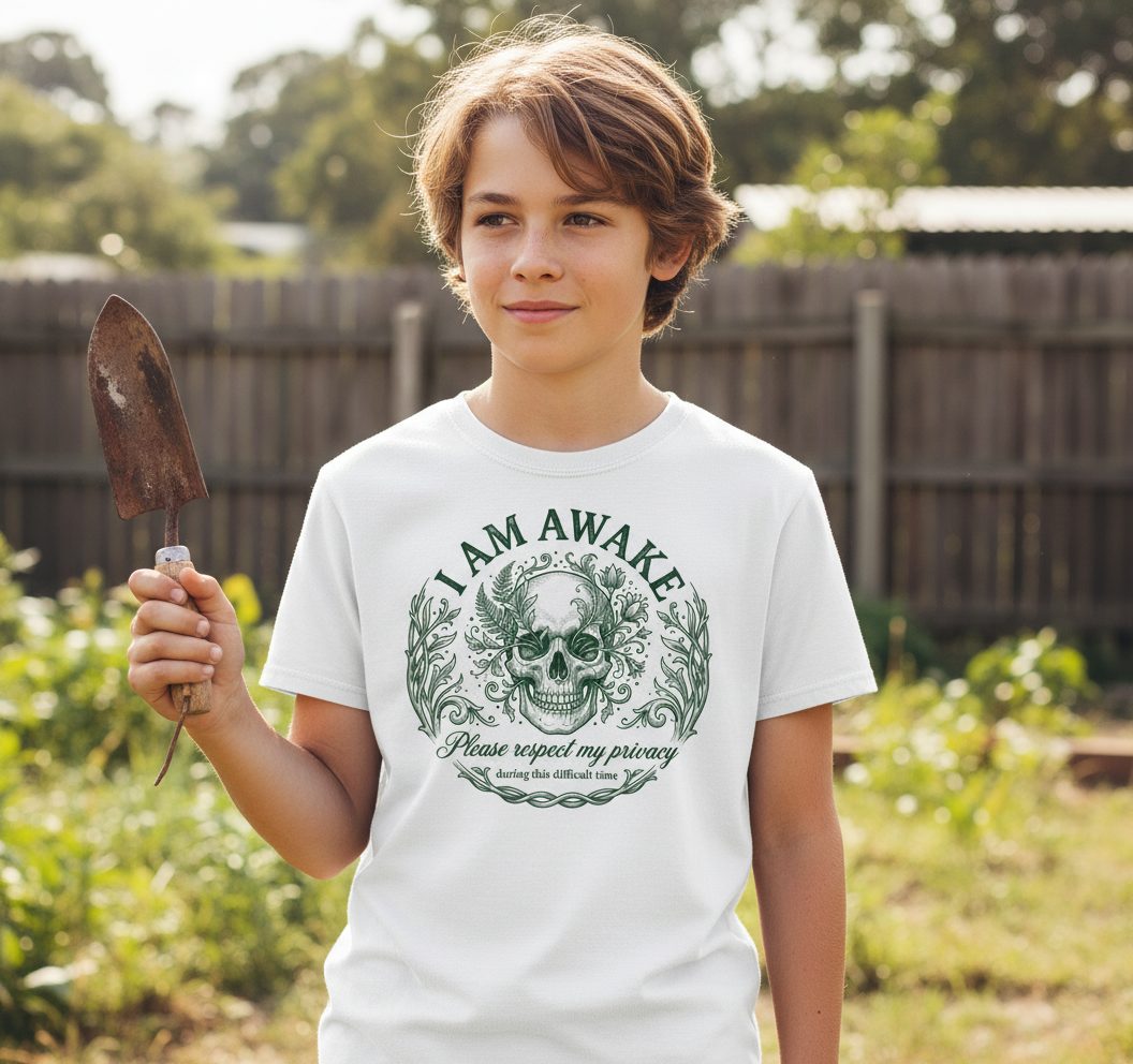 I Am Awake Please Respect My Privacy During This Difficult Time sarcastic skull Youth T-Shirt White lifestyle mockup