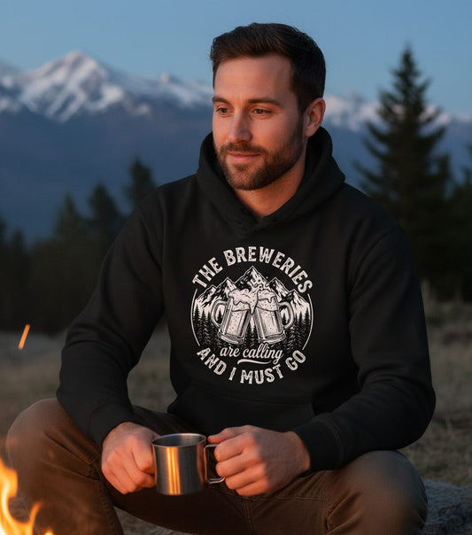 THE Breweries Are Calling AND I MUST GO Funny Craft Beer Hoodie - lifestyle model mockup - Black