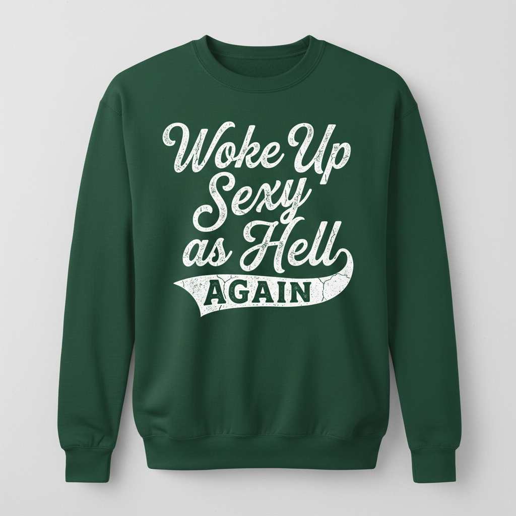 Woke Up Sexy As Hell Again Funny Sarcastic Quote Sweatshirt - Forest Green