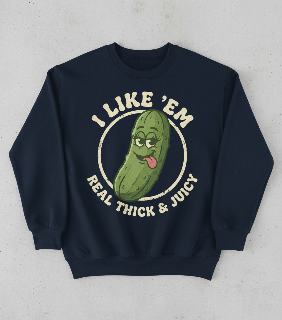 Funny Pickle 'I Like 'Em Real Thick & Juicy' Retro Design Sweatshirt - Navy