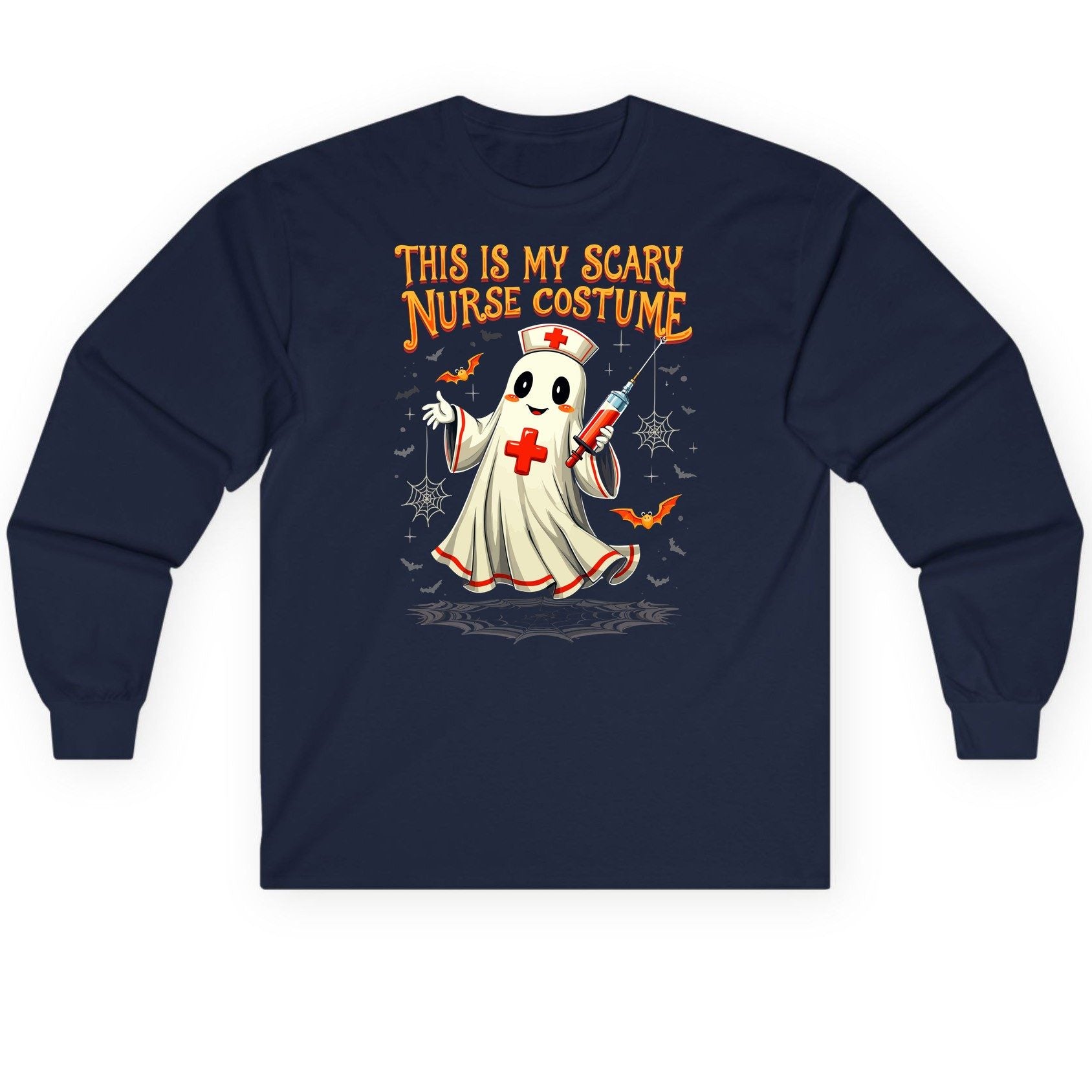 This Is My Scary Nurse Costume Halloween ghost nurse Long Sleeve Tee Navy product mockup