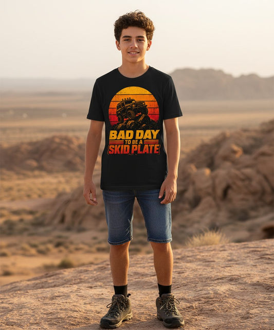 Bad Day to Be a Skid Plate Funny Off-Roading Youth T-Shirt - lifestyle model mockup - Black