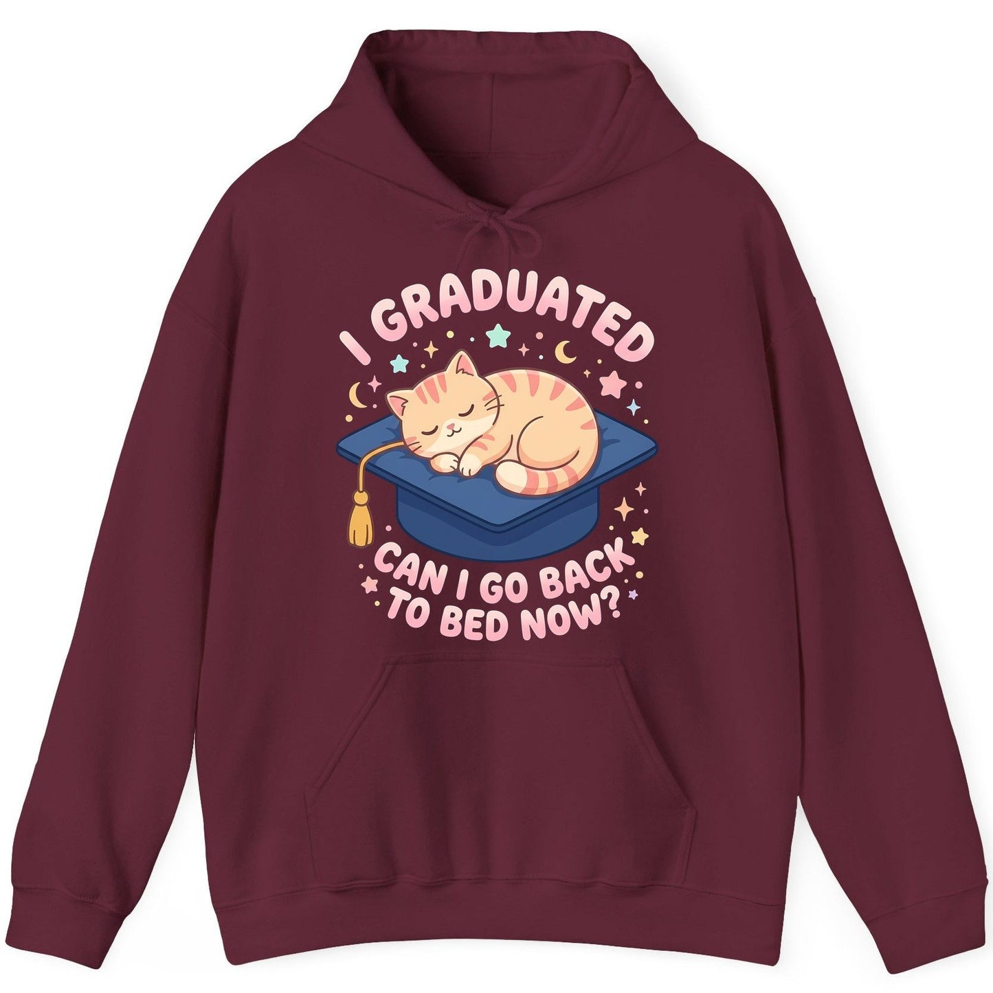 I Graduated CAN I GO BACK TO BED NOW Funny Graduation Cat Hoodie - product mockup - Maroon