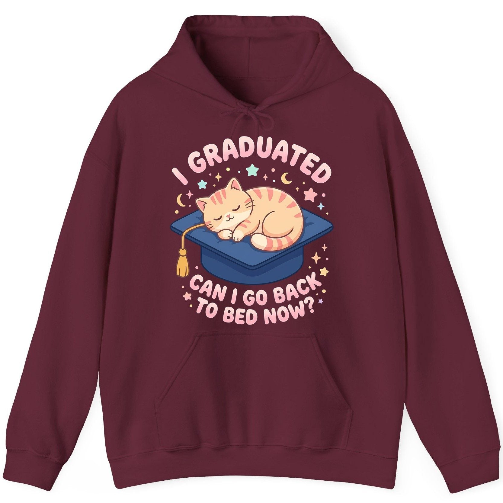 I Graduated CAN I GO BACK TO BED NOW Funny Graduation Cat Hoodie - product mockup - Maroon