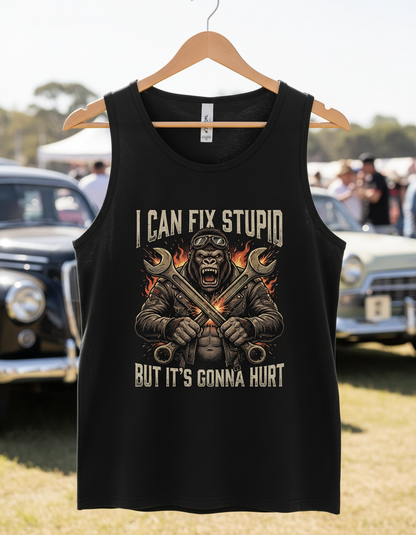 I Can Fix Stupid Gorilla Mechanic Biker Design Tank Top - Black