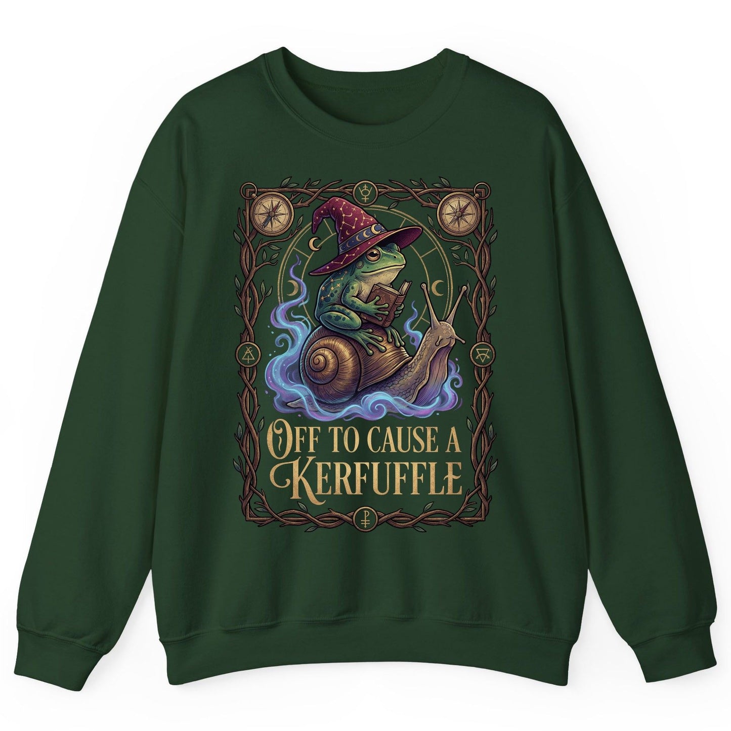 Off to Cause a Kerfuffle frog wizard Sweatshirt Forest Green product mockup