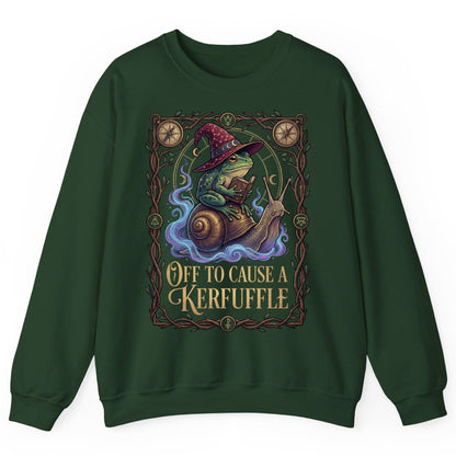 Off to Cause a Kerfuffle frog wizard Sweatshirt Forest Green product mockup