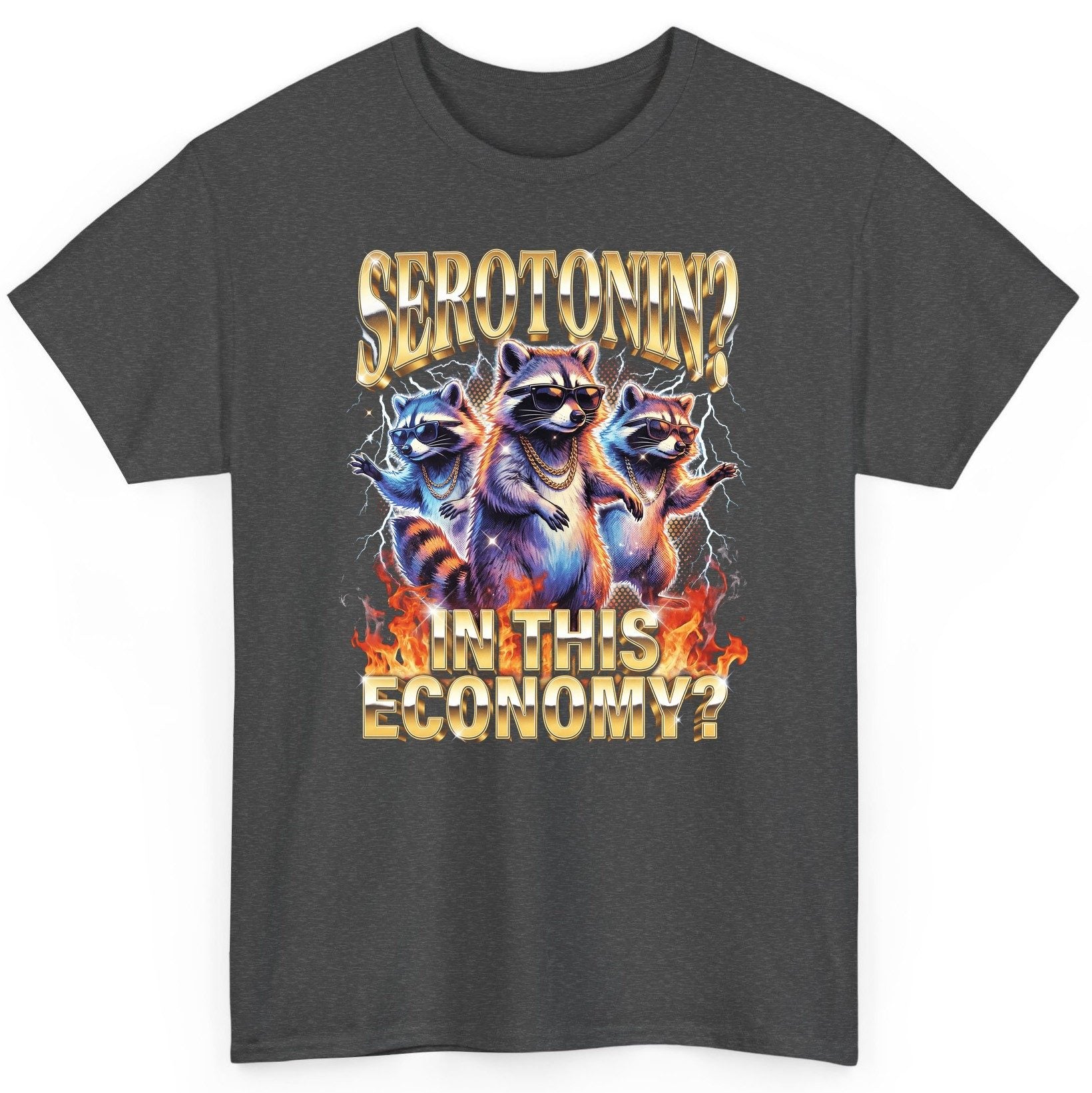 Serotonin in This Economy? raccoon T-Shirt Dark Heather product mockup