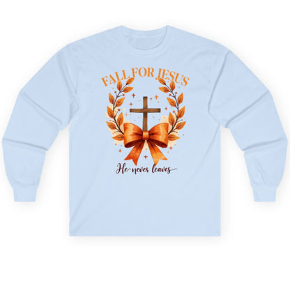 Fall for Jesus He Never Leaves christian faith Long Sleeve Tee Light Blue product mockup