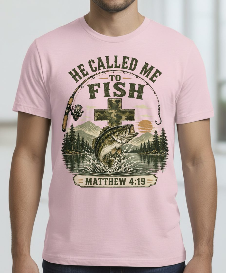 HE CALLED ME TO FISH Matthew 4 19 Christian Fishing T-Shirt - product mockup - Light Pink