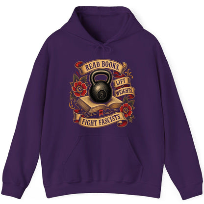 Read Books Lift Weights Fight Fascists Hoodie - product mockup - Purple