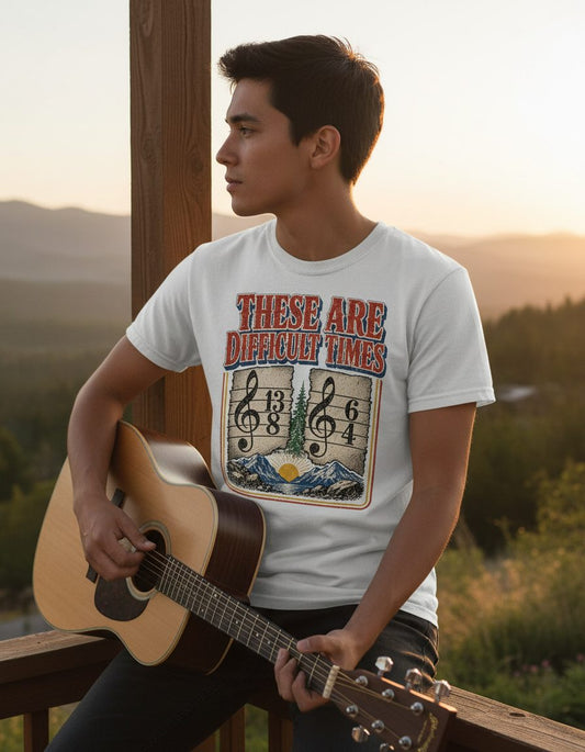 THESE ARE Difficult TIMES Funny Music Pun T-Shirt - lifestyle model mockup - White