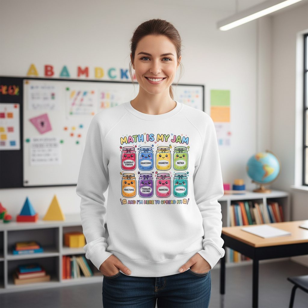 Math Is My Jam and I'm Here to Spread It! math teacher Sweatshirt White lifestyle mockup