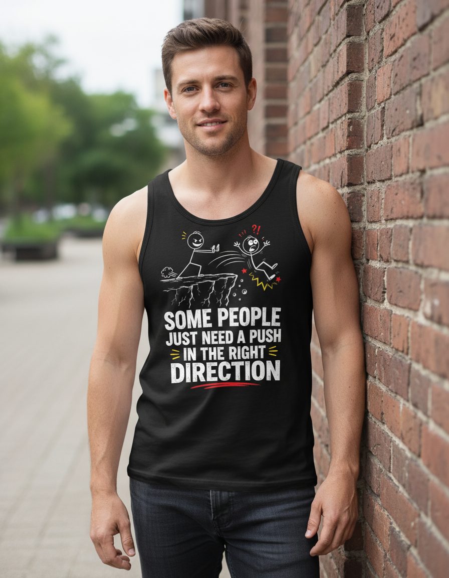 Some People Just Need a Push in the Right Direction Funny Sarcastic Humor Tank Top - lifestyle model mockup - Black