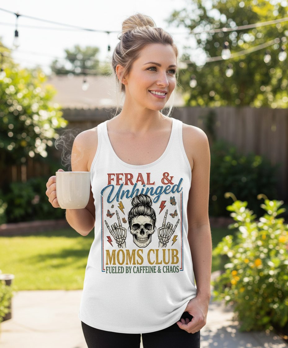 FERAL & Unhinged MOMS CLUB FUELED BY Caffeine & CHAOS Tank Top - lifestyle model mockup - White
