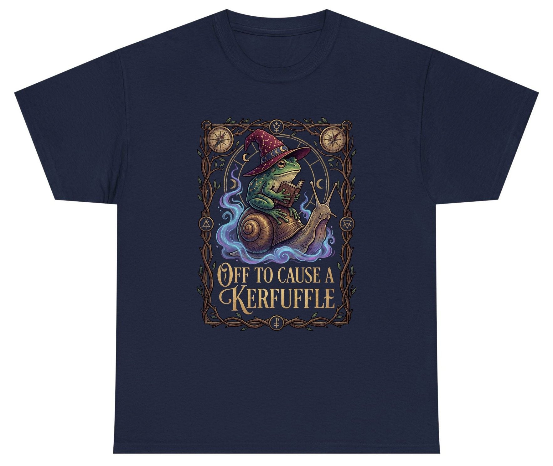 Off to Cause a Kerfuffle frog wizard Youth T-Shirt Navy product mockup