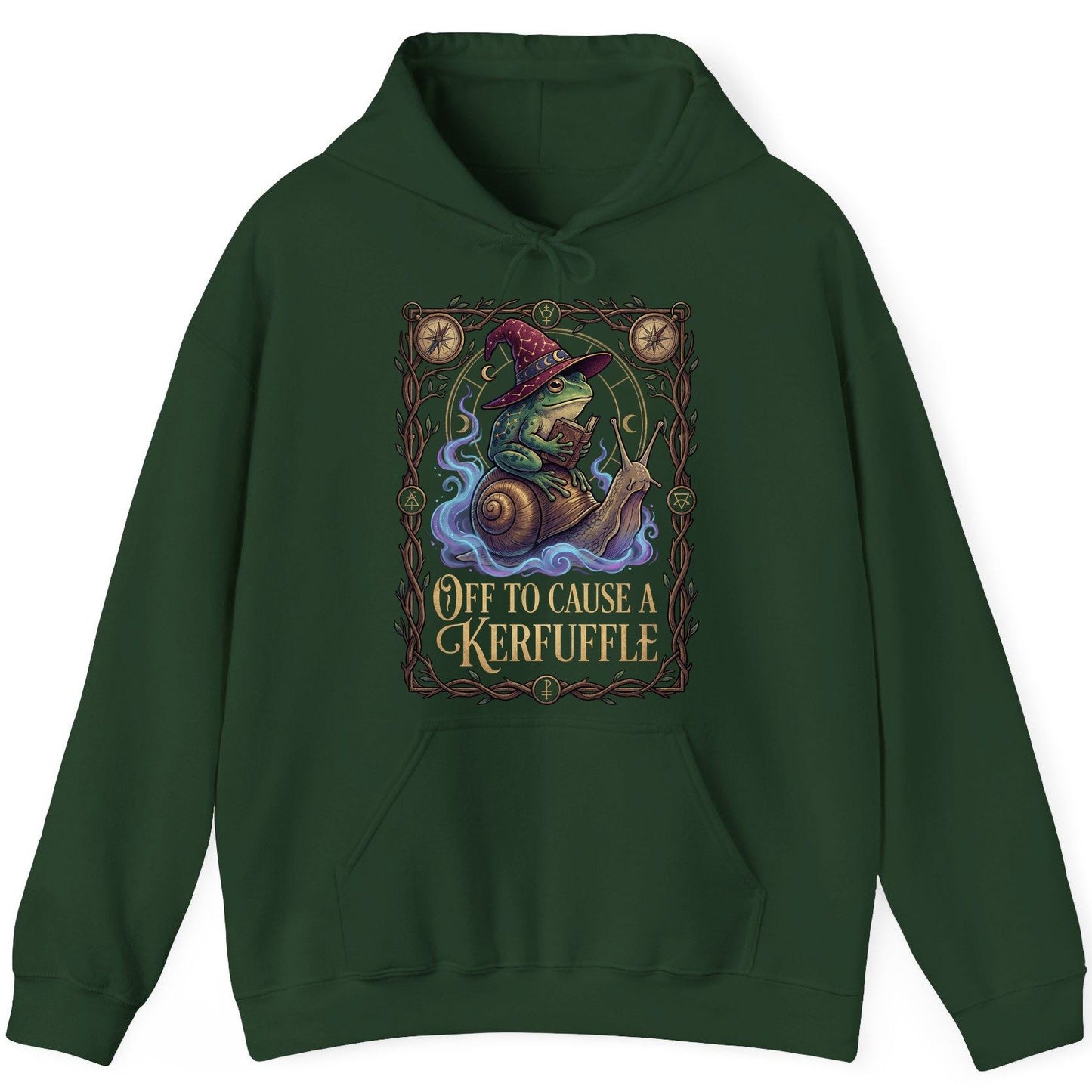 Off to Cause a Kerfuffle frog wizard Hoodie Forest Green product mockup