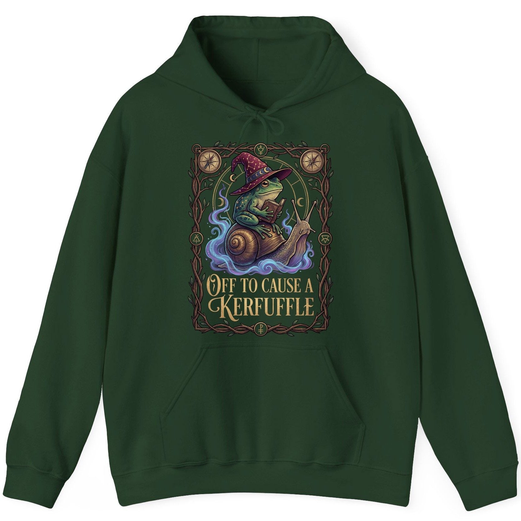 Off to Cause a Kerfuffle frog wizard Hoodie Forest Green product mockup