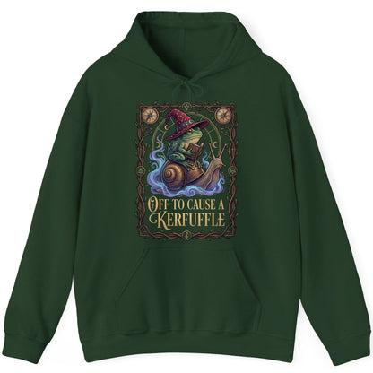 Off to Cause a Kerfuffle frog wizard Hoodie Forest Green product mockup