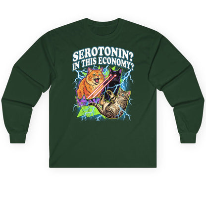 Serotonin in This Economy? cats Long Sleeve Tee Forest Green product mockup