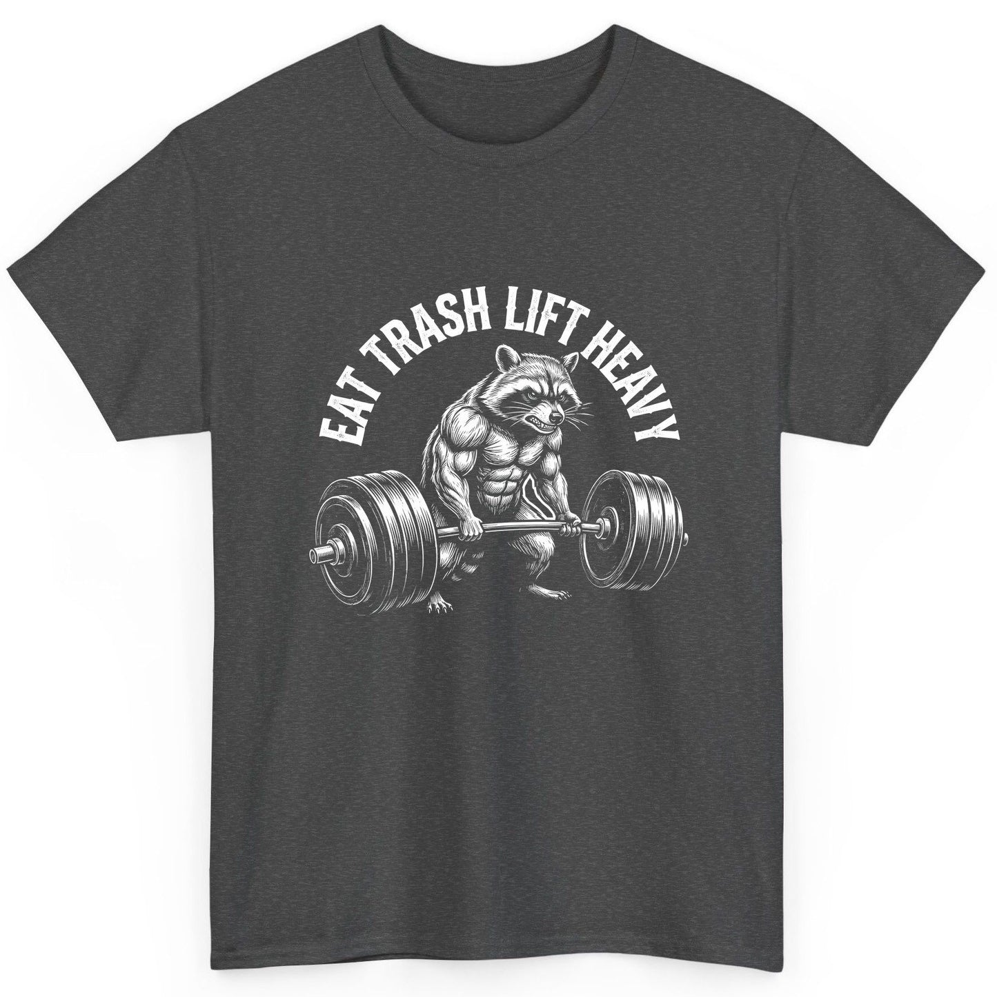 Eat Trash Lift Heavy raccoon T-Shirt Dark Heather product mockup