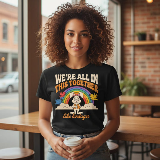 We're All in This Together Like Hostages sarcastic rabbit T-Shirt Black lifestyle mockup