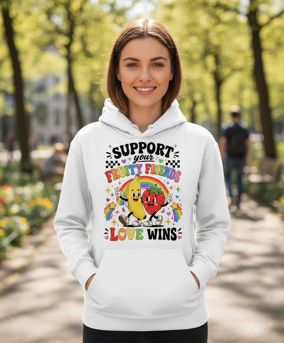Support Your Fruity Friends Love Wins Retro Lgbtq Pride Hoodie - lifestyle model mockup - White