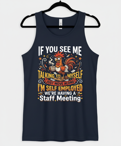 Funny Self-Employed Staff Meeting Rooster Design Tank Top - Navy