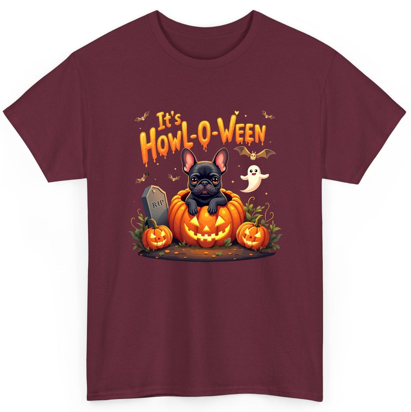 It's Howl-O-Ween french bulldog T-Shirt Maroon product mockup