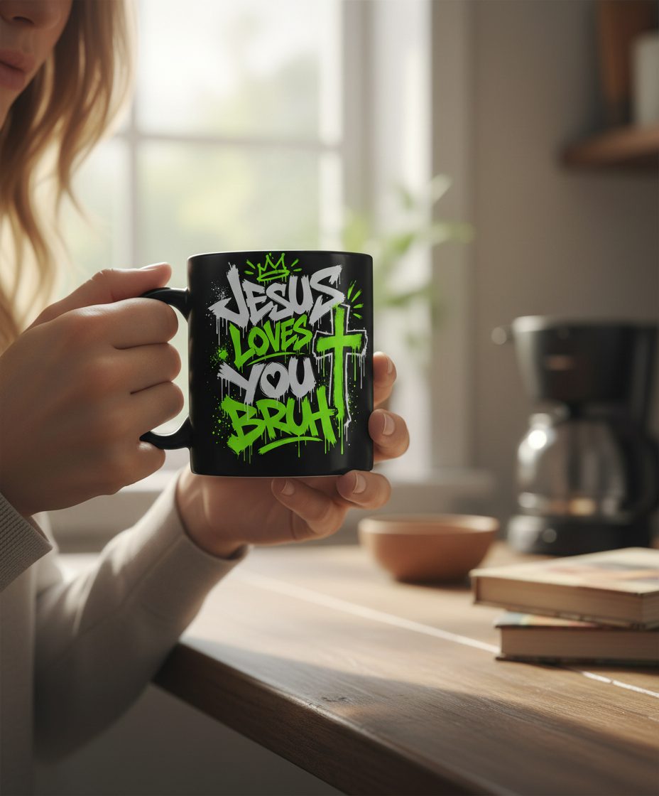 Jesus Loves You Bruh Christian Black Mug - lifestyle model mockup - Black