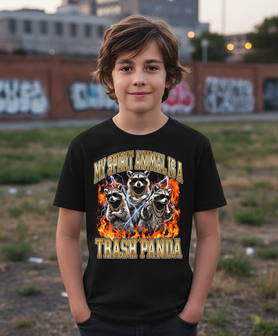 My Spirit Animal Is a Trash Panda raccoon Youth T-Shirt Black lifestyle mockup