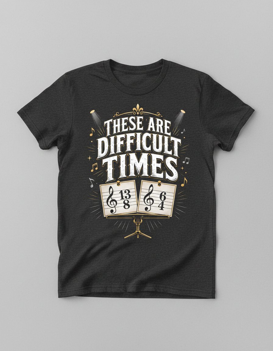 THESE ARE Difficult TIMES Funny Music Humor T-Shirt - product mockup - Dark Heather