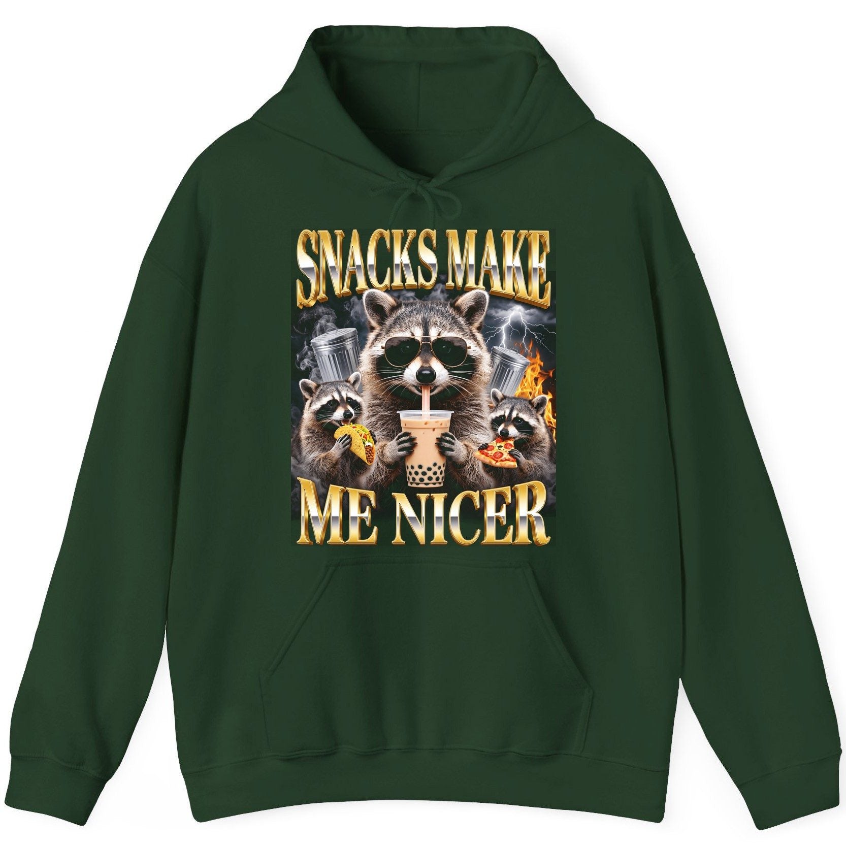SNACKS MAKE ME NICER Funny Raccoon Hoodie - product mockup - Forest Green