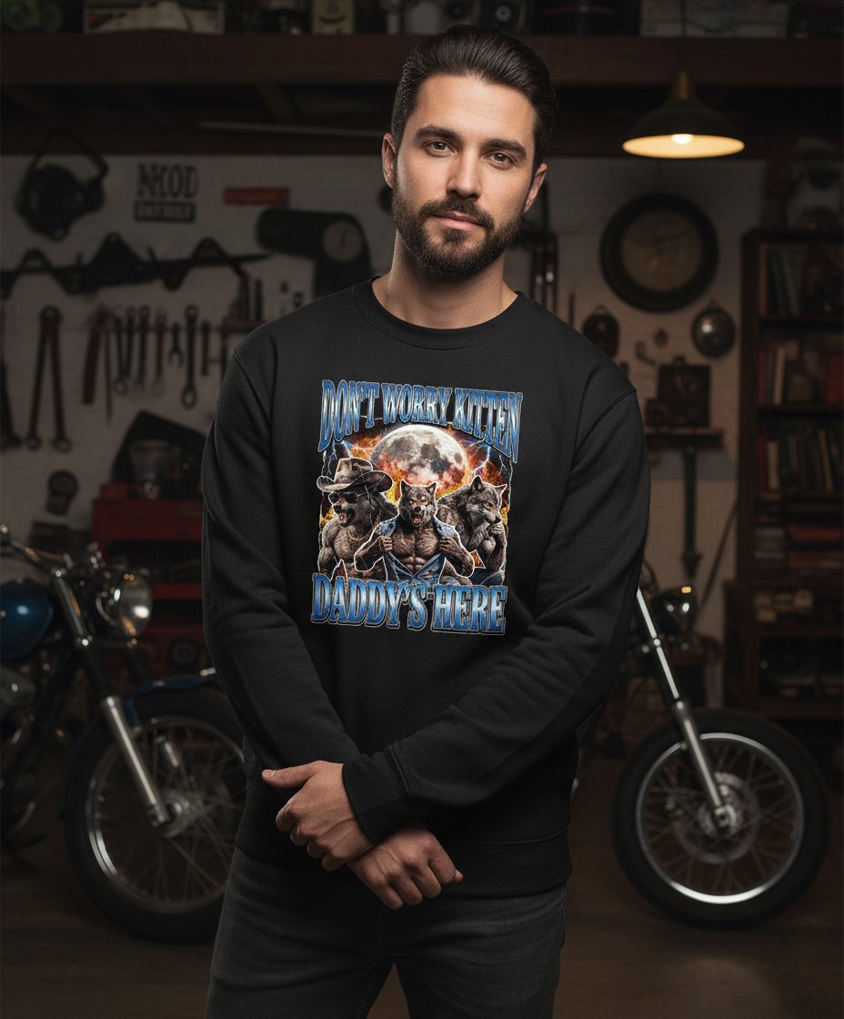 Don't Worry Kitten Daddy's Here werewolf Sweatshirt Black lifestyle mockup
