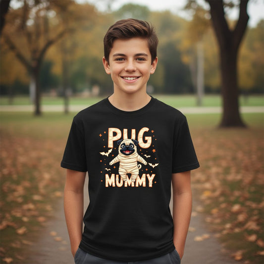 Pug Mummy pug Youth T-Shirt Black lifestyle mockup