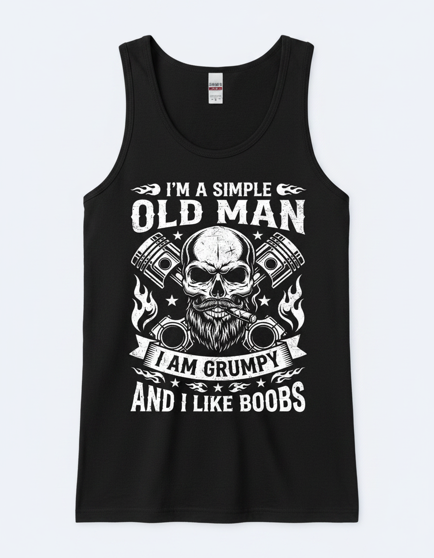 Grumpy Old Man Biker Skull and Pistons Funny Quote Tank Top - Black