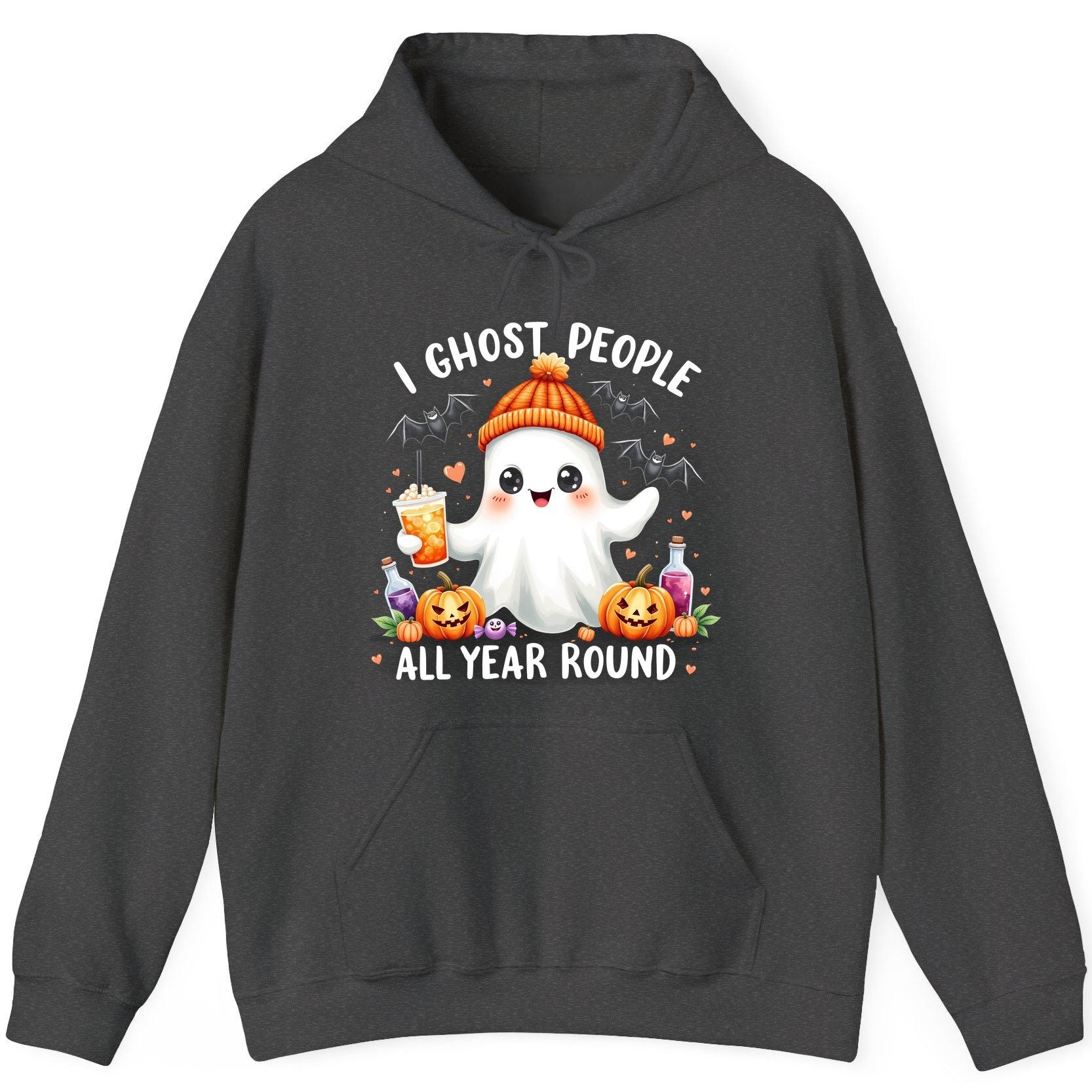 I Ghost People All Year Round cute ghost Hoodie Dark Heather product mockup