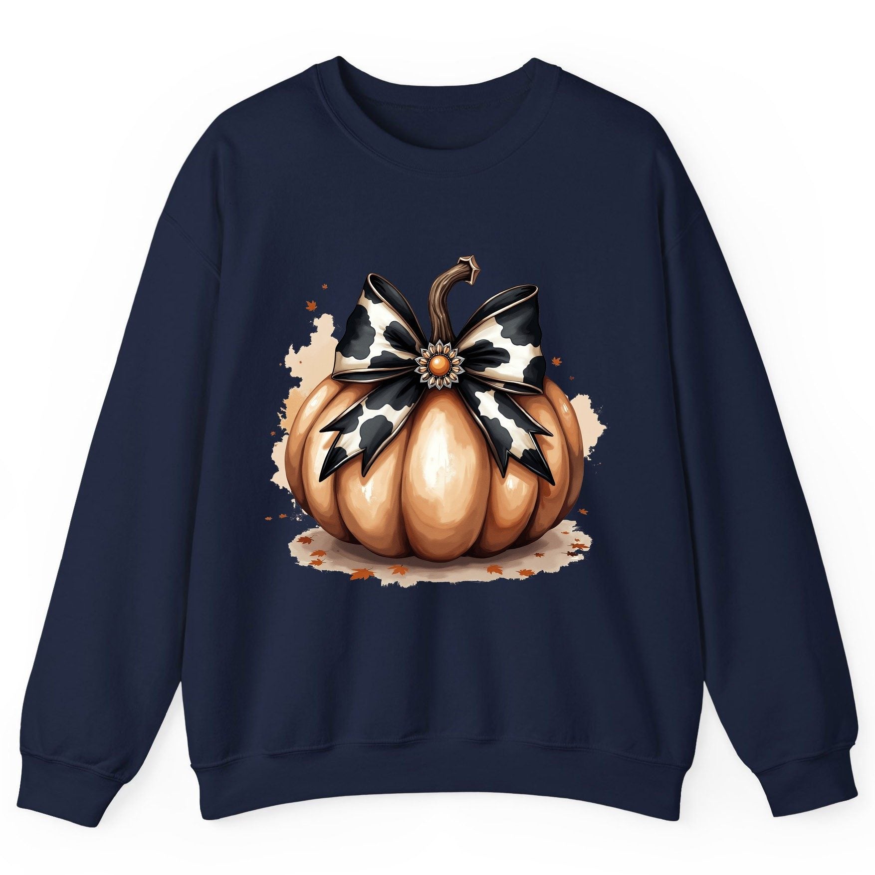 Cow Print Bow Pumpkin pumpkin Sweatshirt Navy product mockup
