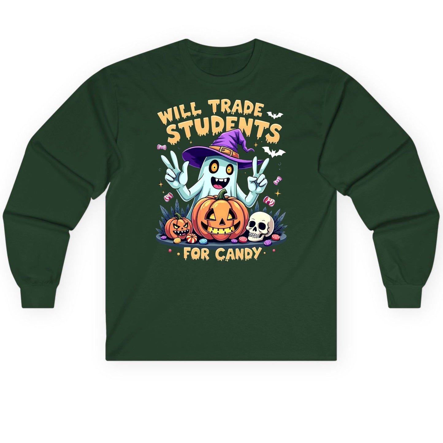 Will Trade Students for Candy teacher humor Long Sleeve Tee Forest Green product mockup
