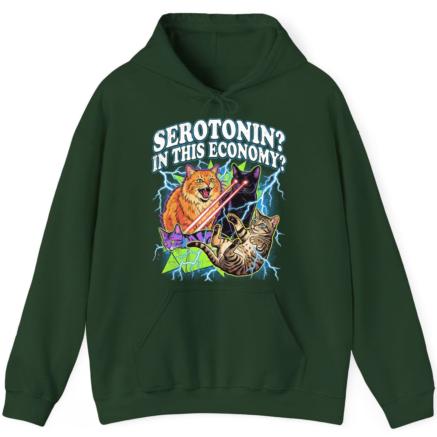 Serotonin in This Economy? cats Hoodie Forest Green product mockup