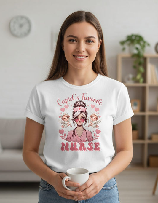 Cupid's Favorite Nurse nurse T-Shirt White lifestyle mockup