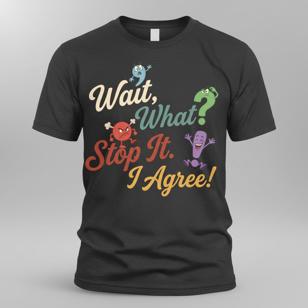Wait What Stop It I Agree Funny Punctuation Humor T-Shirt - Dark Heather